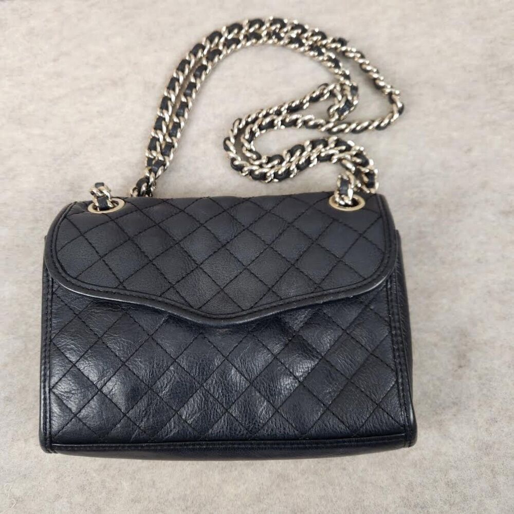 Rebecca Minkoff Leather Black Quilted Shoulder Purse with Gold Chain Medium Size